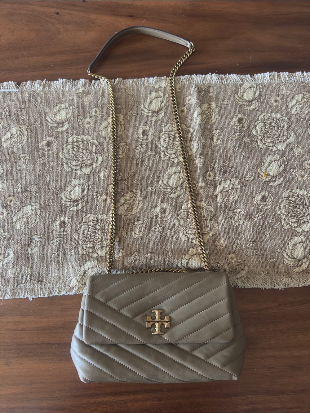 Tory Burch Quilted Chevron Shoulder Bag in Taupe with Gold Hardware